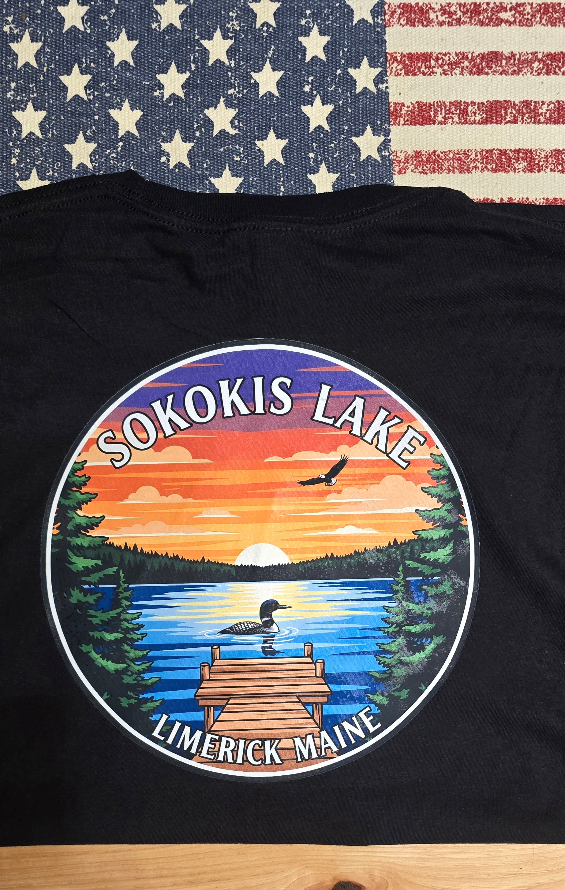 Black t-shirt with Sokokis Lake Limerick Maine graphic design.